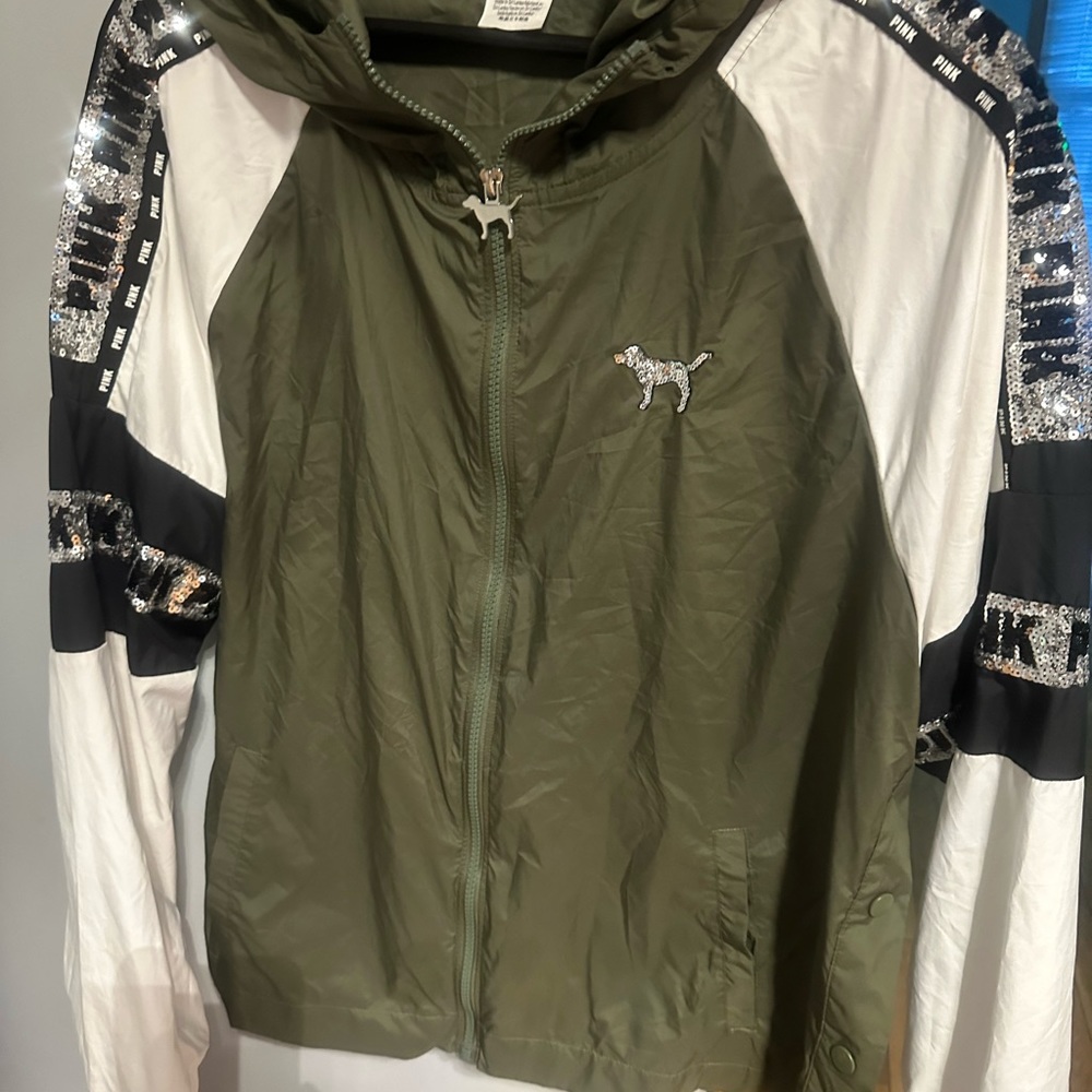 Victoria Secret Pink Bling Green and White jacket snaps on the side
